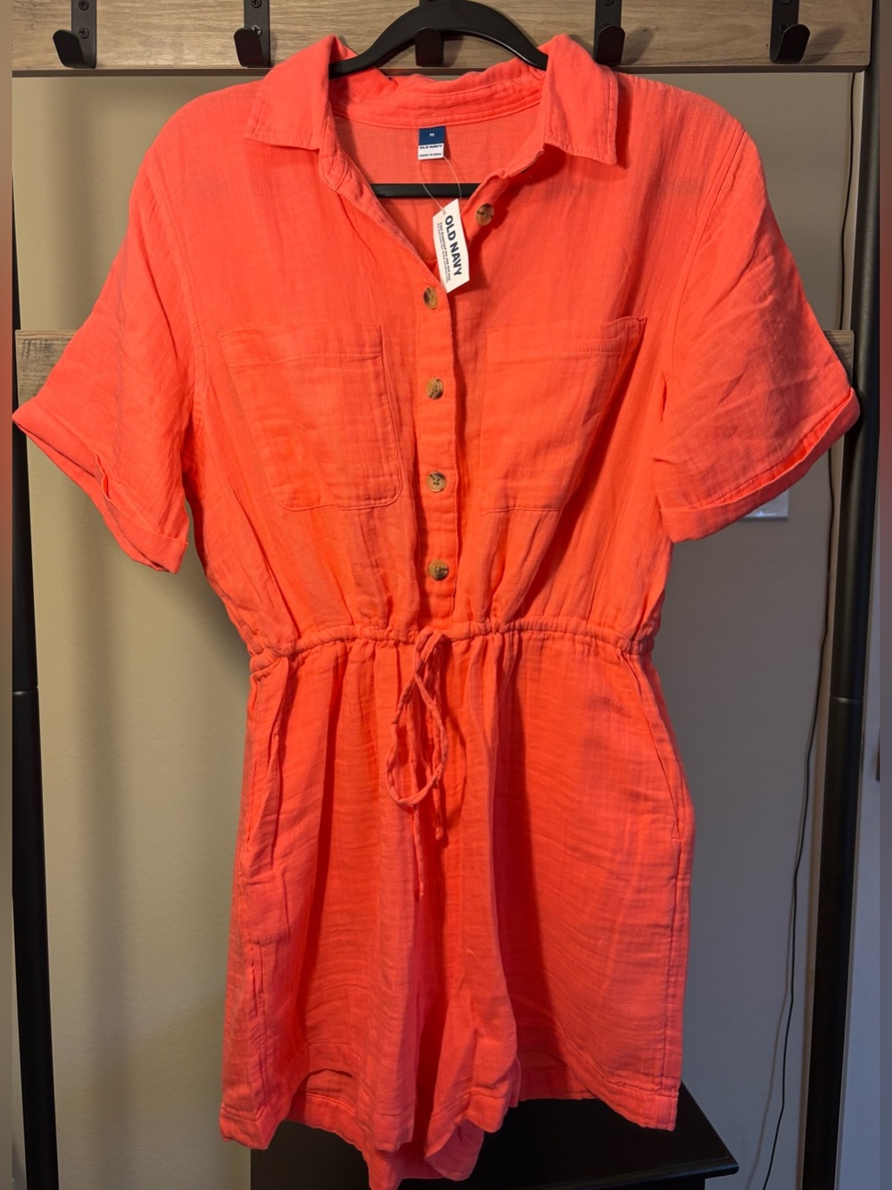 Old Navy Bright Coral Button-Up Drawstring Romper Medium